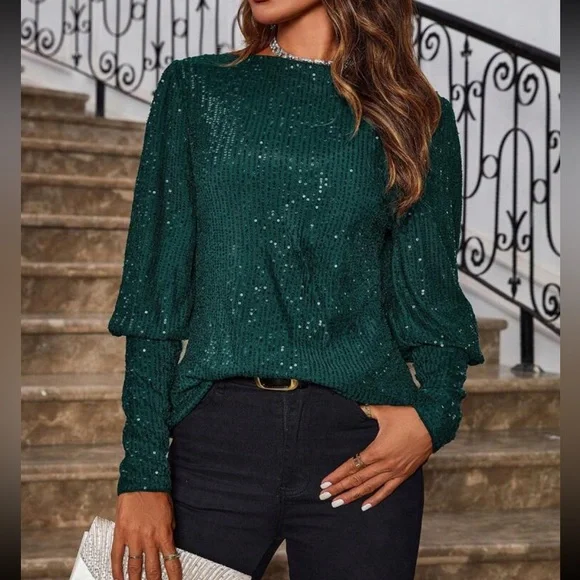 Luxe Sequin Cuff Long Sleeve Evening Party Formal Top Blouse Shirt Hot Pink - Picture 5 of 11